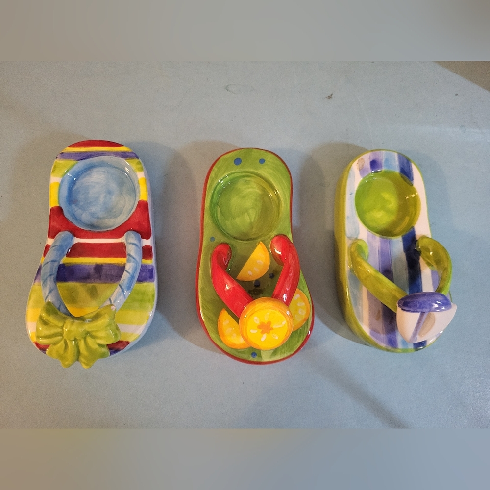 Set of 3 Colorful Ceramic Flip Flop Tea Light Holders